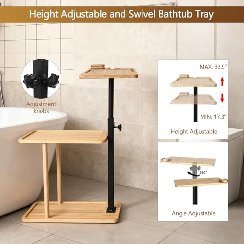 3 Layer Bathtub Tray Table,Bamboo Swivel Bathtub Side Table Height Adjustable,Freestanding Bathtub Tray for Tub Against Wall,Bathtub Accessories&Bathroom Organizer for Luxury Home Spa (Natural1)