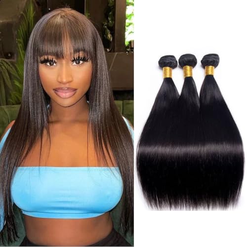 Straight Human Hair 3 Bundles 24 24 24 Inch Brazilian Virgin 100% Unprocessed Straight Hair Weave Bundles Human Hair Natural Black Color Hair Extensions for Women