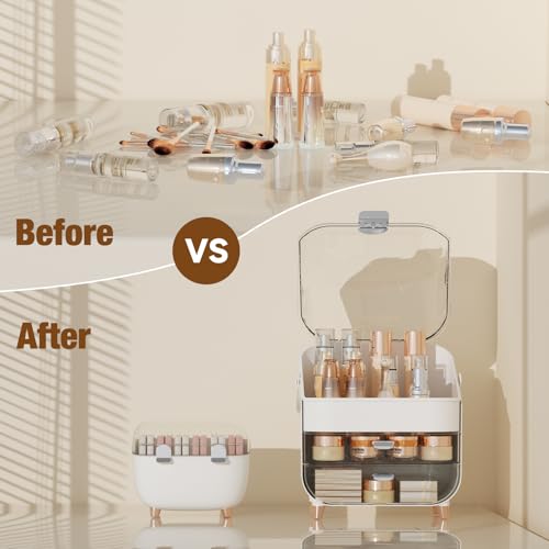 Makeup Organizer for Vanity, Skincare Organizer with Drawers, Storage Box with Handle, Cosmetic Display Cases for Dresser, Bathroom, Countertop, Christmas Gifts for Teen Girls (Silver)