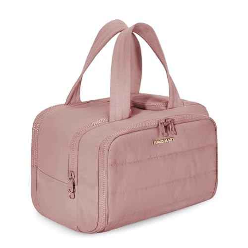 BAGSMART Travel Toiletry Bag, Lightweight Large Wide-open Travel Bag for Women, Puffy Cosmetic Makeup Bag Organizer with Handle for Accessories,Essentials, Toiletries, Dark Pink