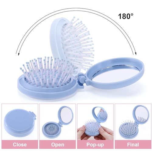 12 Pcs Mini Hair Brush with Mirror and Scrunchies Portable Travel Hairbrush Compact Folding Brush Pastel Satin Hair Scrunchies for Girls Women Girls Trip Favors Gifts
