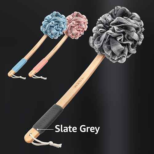 Loofah Back Scrubber for Shower | Bamboo Charcoal Fiber Infused | Loufas for Men & Women | Includes 1 Long Handled Shower Sponge, 1 Bath & Shower Luffa Pouf & 1 Hook to Hang Stuff (Slate Grey)