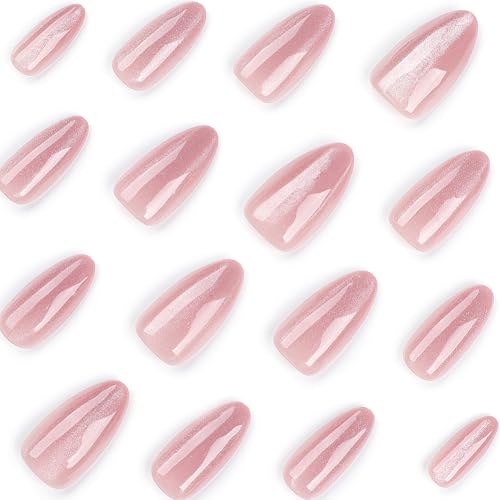 Nails Press on, Nude Pink Girls Fake Nails with Cat's Eye Bright Colors Design, Acrylic Artificial False Nails Press Ons Short Press on Nails For Women