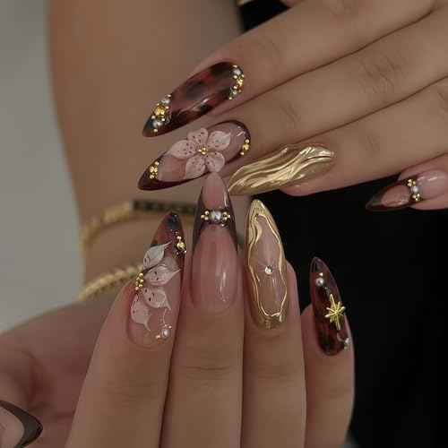24Pcs Almond Press on Nails Medium Fake Nails with Brown Flower Designs French Nails 3D Gold Texture False Nails Star Press ons Pearl Jewelry Acrylic Nail Cute Stick on Nail for Women Manicure