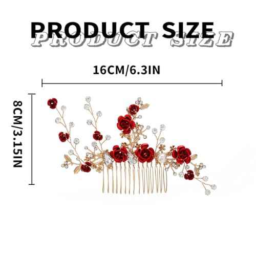 Foyte Crystal Flower Wedding Hair Comb Red Rose Headpiece Gold Hair Piece Bride Pearl Hair Accessories for Women