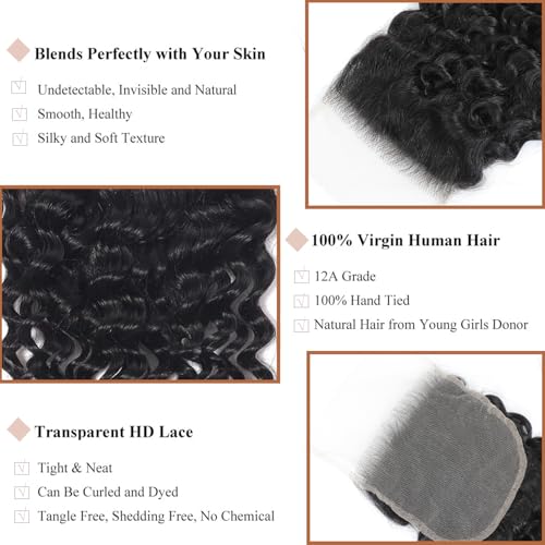 12A Human Hair Bundles with Closure-Deep Wave Bundles 12 14 16+12 Inch 5x5 HD Lace Closure Wet and Wavy, Water Wave 100% Brazilian Virgin Deep Curly 3 Bundles Human Hair Quick Weave Bundles for Women