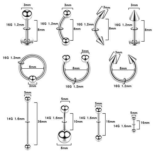 104pcs Piercing Kit 14G16G Kit Piercing Kits for all piercings (Stainless steel color)