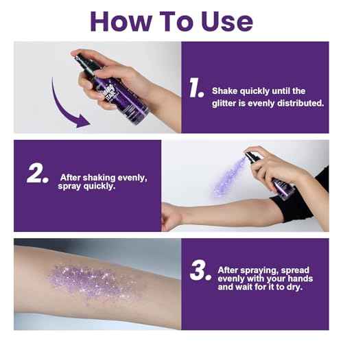 Body Glitter Spray, Glitter Hairspray, Purple Body Glitter Spray, Quick-Drying and Waterproof Glitter Hairspray, Nozzles are not Easily clogged, Long-Lasting Body Shiny for Stage Makeup, 3.38Oz