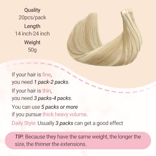 MAXITA Tape in Hair Extensions Human Hair, Balayage Light Blonde Highlighted Golden Blonde Grey Tone 24Inch 50g 20pcs, Thick Ends Straight Seamless Tape ins, Invisible Hair Extensions Real Human Hair