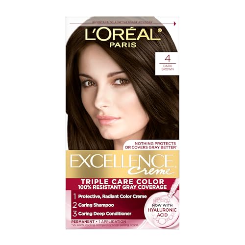 L'Oreal Paris Excellence Cr?me Permanent Hair Dye, Triple Care Hair Color with Pro-Keratine Complex for 100% Gray Hair Coverage, 4 Dark Brown, 1 Kit
