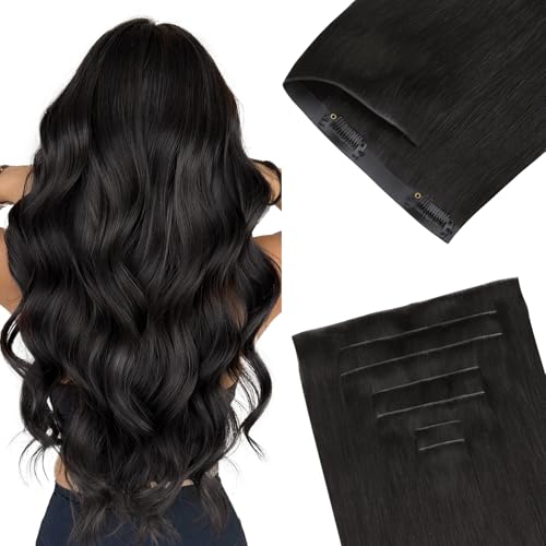 GOO GOO Invisi Edge Clip in Hair Extensions 18inch 130g 7Pcs Injected Seamless PU Clip in Hair Extensions, Virgin Real Human Hair, 1B Natural Black
