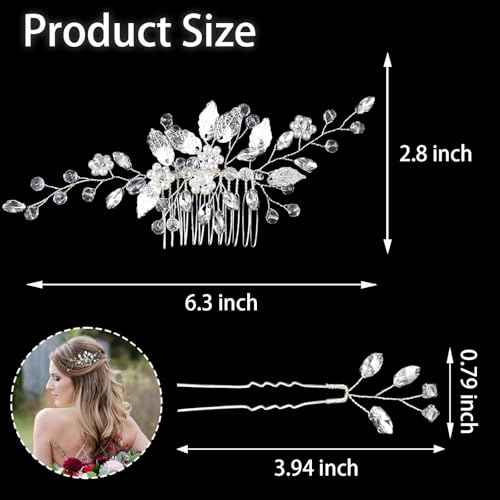 Crystal Wedding Hair Accessories - Hair Comb with Rhinestone Hair Pins and Pearls for Bride, Bridesmaids, Flower Girls (Silver)