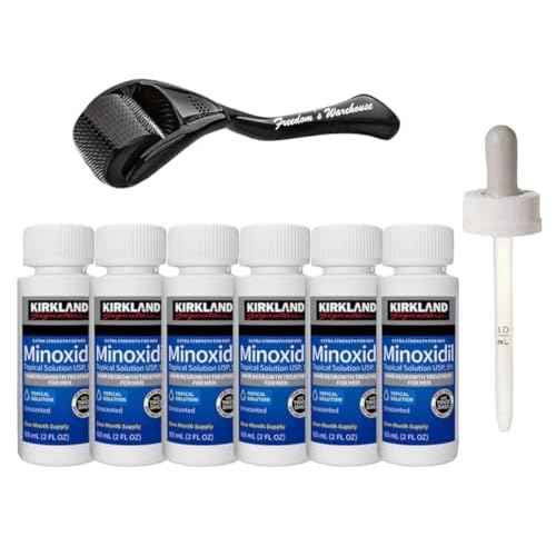 (6 Pack) Kirkland Minoxidil for Men Hair Regrowth Treatment, Liquid Extra Strength 5% Topical Solution, 6 Months Supply - Dropper Applicator and Microneedle Roller Included - Minoxidil Kirkland