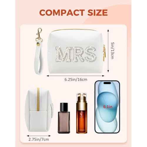 Fmeida MRS Patch Makeup Bag Bride Small Cosmetic Bag for Purse with Pearl Rhinestone Patches White PU Leather Detachable Handle Bride to be Gifts for Bachelorette Party Wedding Bridal Shower