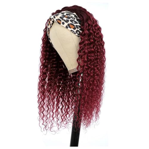 Ombre 1B99J Deep Wave Headband Wig Burgundy Human Hair Headband Wig 130% Density Grade 8A Brazilian Remy Hair Machine Made Wigs Wine Red Color 22 Inch