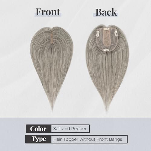 Human Hair Topper for Women, with Silk Base 3.94x4.72, 6 Inches, 4 Clips, for Thinning Hair, without Front Bangs, Salt and Pepper Color, Natural Look