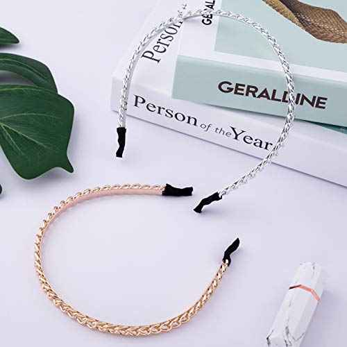 PAGOW 2Pcs Women Chained Headband Fashion, Gold Metal Thin Headbands for women Girls, Beauty Silver Headbands Hair Hoops Hair Accessories (Gold/Silver)