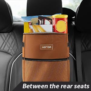 HOTOR Brown Car Trash Can with Adjustable Strap, Magnetic Snaps, Waterproof Lining, and Storage Pocket
