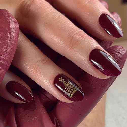 Red Press On Nails Almond Short Christmas Brown Red Fake Nails with Gold Tree Designs Fall False Nails Press Ons Glossy Full Cover Nail Tips Acrylic Artificial Glue Stick On Nails for Women 24PCS