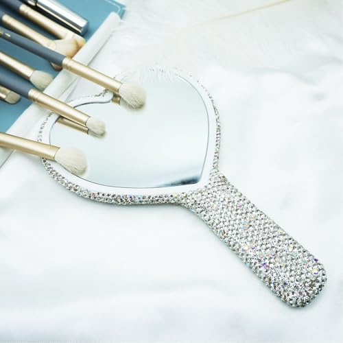 Large Rhinestone Handheld Mirror Heart Bling Glitter Cosmetic Dazzling Portable Hand Mirrors with Handle for Women Wedding Silver White