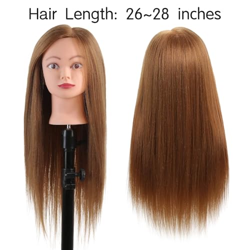 26"-28" Long Hair Mannequin Head with 60% Real Hair, Hairdresser Practice Training Head Cosmetology Manikin Doll Head with 9 Tools and Clamp - #27 Golden, Makeup On