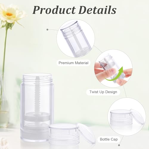 12 Pcs 30ml/1oz Clear Deodorant Containers Refillable Bottom Refilling Round Stick Plastic Twist Up Deodorant Bottles for DIY Chapstick Lip Balm Crayon