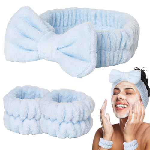 3 PCS Blue Spa Headbands and Wrist Set for Women Girls- Face Wash Headband Wristband Set, Soft Facial Spa Hair Wraps Makeup Skincare Bath Headbands Wrist Bands for Christmas, Birthday Gift