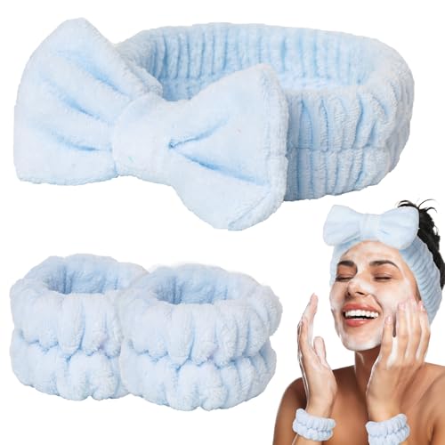 3 PCS Blue Spa Headbands and Wrist Set for Women Girls- Face Wash Headband Wristband Set, Soft Facial Spa Hair Wraps Makeup Skincare Bath Headbands Wrist Bands for Christmas, Birthday Gift