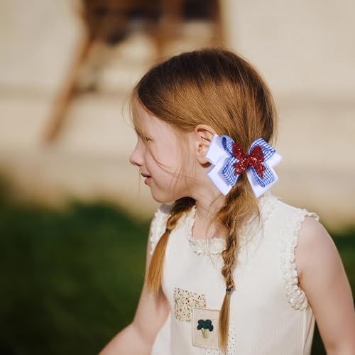 4.5in Blue White Checker Plaid Ribbon Hair Bow Clips Red Glitter Gingham Pigtail Alligator Hairpins Halloween Costume Dress Up Birthday Party Accessory Gift for Girls Women