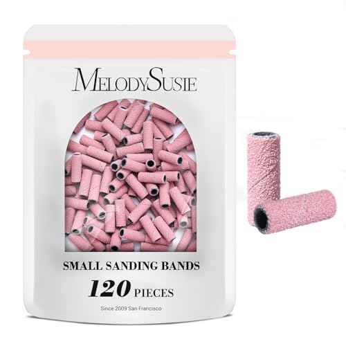 MelodySusie 120 Pcs Nail Drill Bits Small Sanding Bands for 3.1mm Mandrel Bit, 180 Fine Grit Nail File for Acrylic Nails Gel Manicures and Pedicure, Pink (Only Sanding Bands)