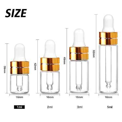50 Pack 1ml Clear Glass Dropper Bottles with 2 Pcs Plastic Droppers, Mini Sample Dropper Bottles for Essential Oils Perfume Cosmetic Liquid, Empty Travel Sample Vials with Gold Cap