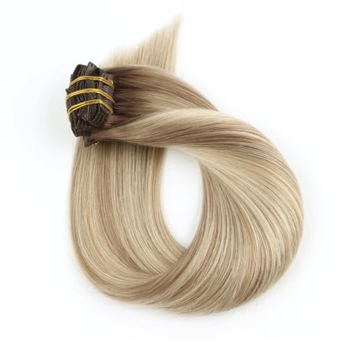 ABH AMAZINGBEAUTY HAIR Clip in Hair Extensions Ash Brown-Beach Blonde with Dark Brown Root R3-8-613 Real Human Hair Clip ins 16 Inch 8pcs/120g Real Hair Extensions For Women