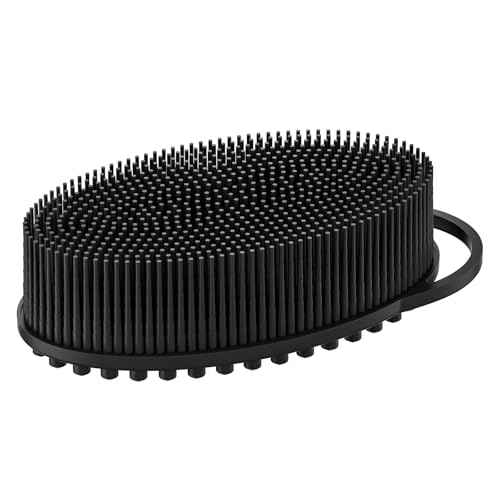 Metene Silicone Exfoliating Body Scrubber with Loop, Body Scrubber for Men and Women, Silicone Loofah for Shower, Soft Silicone for Shower and Bath Skincare Routine (Black)