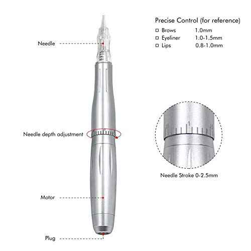Permanent Makeup Tattoo Machine-BIOMASER Permanent Makeup Eyebrow Tattoo Machine Kit with Foot Pedal Touch Control Power Supply Rotary Tattoo Machine Pen Practice Skin 10pcs Cartridge Needles(Silver)¡¦