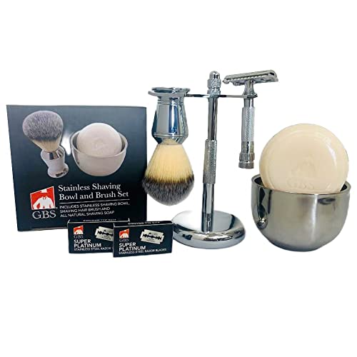 G.B.S Men's Shaving Set With Classic 178 Safety Razor, Shaving Brush Chrome Handle, Stainless Steel Brush Razor Stand, Shaving Bowl With Soap Grooming Kit for Men