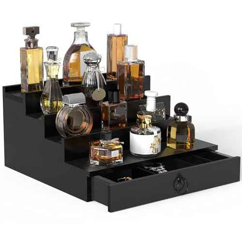 Cologne Organizer for Men, 4 Tier Black Wood Perfume Organizer with Felt Lining Drawer and Hidden Compartment, Perfume Display Holder, A Gift for Men