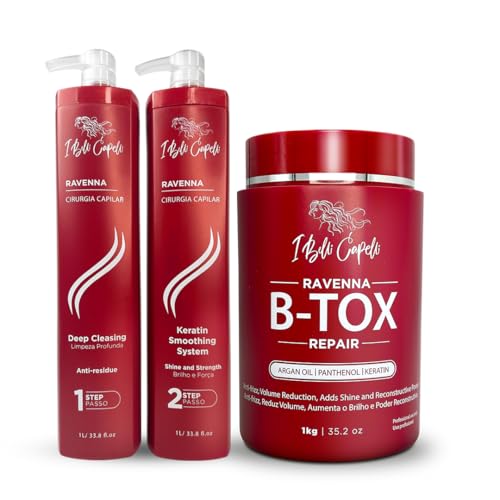 I Belli Capelli Ravenna Professional Keratin Hair B-tox -Cirugia Capilar para el Cabello, Smoothing, B-tox Hair Treatment, Celulas Madres Para el Cabello-Straightener System 3x1L 105.8oz