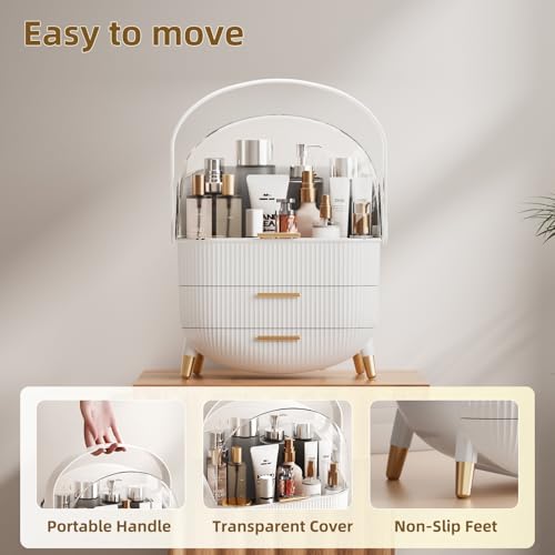 Makeup Organizers Countertop, Makeup organization for Vanity, Cosmetic Storage with Lid and Drawers, Skincare Display Cases with for Desktop, Bathroom (White)