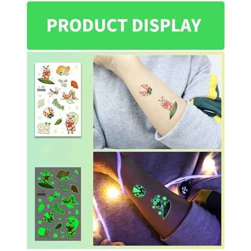 Glow In The Dark Insect Temporary Tattoos for Kids, 12 Sheets Luminous Butterfly Ladybird Bees Ant Fake Tattoo Stickers for Boys Birthday Party Favors Supplies Goodie Bag Fillers Gifts