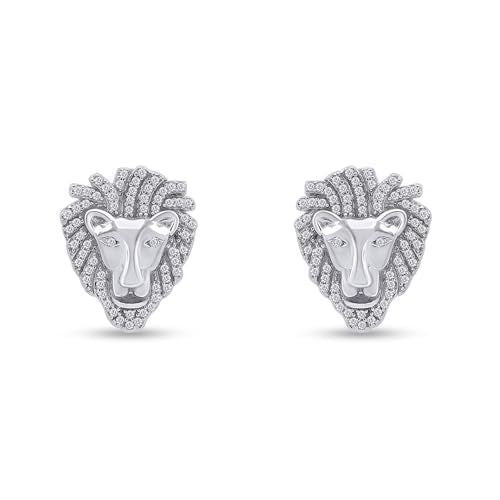 Lion Head Stud Earrings for Men in 14K White Gold Plated 925 Sterling Silver with White Cubic Zirconia Animal Face Men’s Jewelry Gift for Him, Push-Back