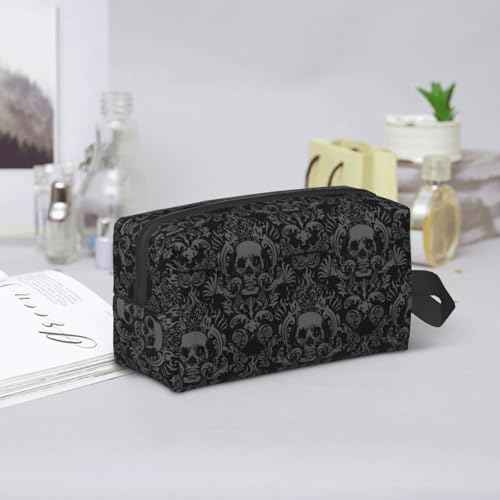 Gothic Skull Black Flower Halloween Cosmetic Bag for Women, Large Capacity Travel Makeup Pouch Portable Waterproof Toiletries Accessories Organizer