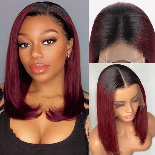 1B Burgundy Bob Wig Human Hair, 13x4 Frontal Lace Wig Short Straight Bob Wigs for Women Human Hair Pre Plucked Natural Hairline Ombre Burgundy Wig 14inch