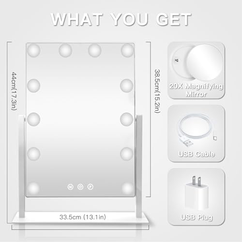 HIEEY Hollywood Makeup Mirror with 12 Dimmable Bulbs Lights, Three Color Lighting Modes, with 4in 20X Magnification Mirror, Smart Touch Control, 360¡ÆRotation (White,Gift Box)