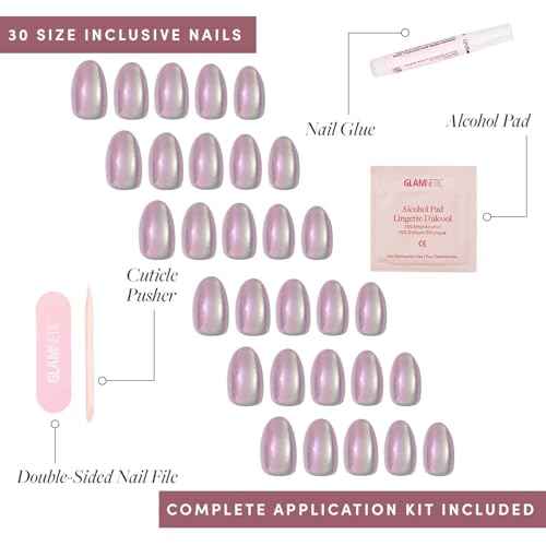 Glamnetic Press On Nails - Oyster | Short Oval Cat Eye Fake Nails with a Velvet Pearlescent Finish, Salon Quality Summer Nails | 15 Sizes - 30 Nail Kit with Glue