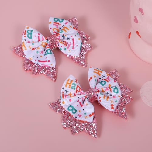 3.5" Birthday Bow Hair Clips for Girls 1 2 3 4 5 6 Years Glitter Pink Ribbon Bowknot Barrettes Alligator Pins for Teens ToddlerKids Happy Birthday Party Dress Decor Accessories Gift