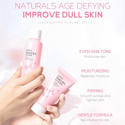 6 Pcs Skin Care Sets JAPAN SAKURA Women Beauty Gift Sets Sakura Skin Care Kit with Cleanser, Toner, Serum, Eye Cream, Lotion, Essence Cream Travel Kit for Women Teen Girls