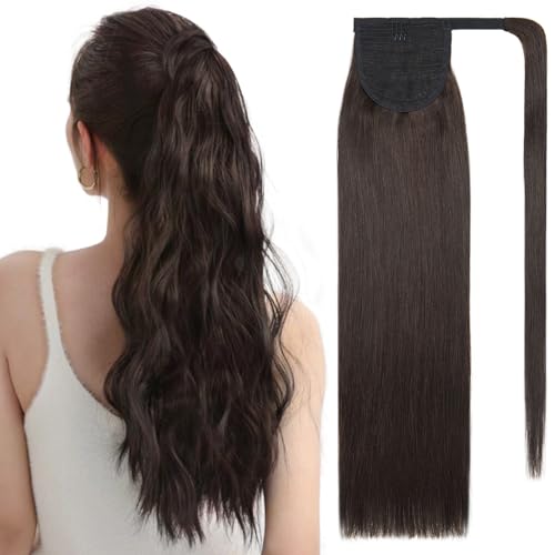 Ponytail Extensions Human Hair Long Straight Ponytail Hair Extensions with Magic Paste Wrap Around Clip in Ponytail Extensions Real Human Hair,18inch #2 Dark Brown,90g