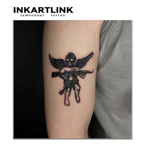 INKARTLINK Tattoo Tech, 2 Sheets Medium Semi Permanent Tattoo, Adult Art Design Temporary Tattoos, Lasts 1-2 Weeks, Waterproof, Realistic Look, No Adhesive, No Reflection (Gun-Wielding Angel Design)
