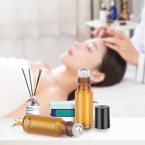 Easytle Essential Oil Roller Bottles, 24 Pack Amber Glass Balls Roller Bottles 5ml for Essential Oils, Roll on Bottle (96 Pieces Labels, 4 Funnels, 4 Dropper, 2 Opener)