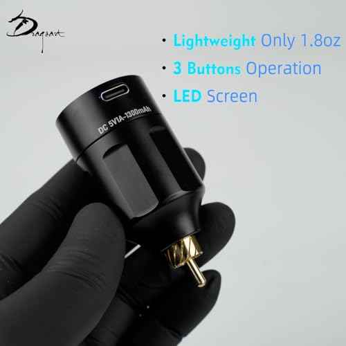Dragoart New WX-6 Tattoo Power Supply 4-12v Tattoo Battery 1,300mAh Rechargeable USB LED Digital Screen, Lightweight for Tattoo Machine Tattoo Pen Wireless Tattoo Gun PMU Machine (RCA,Black)